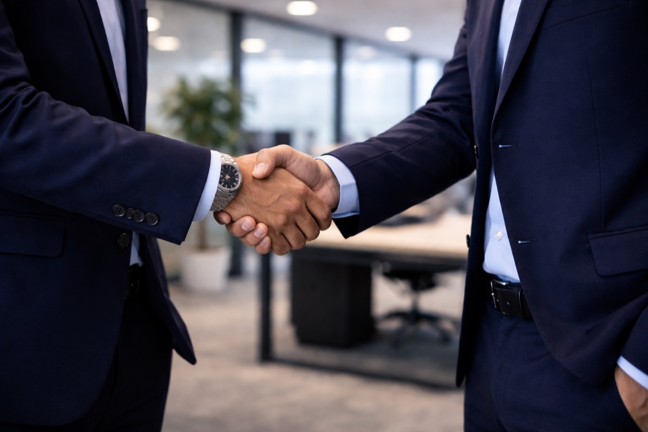 Two business partners shaking hands in an office