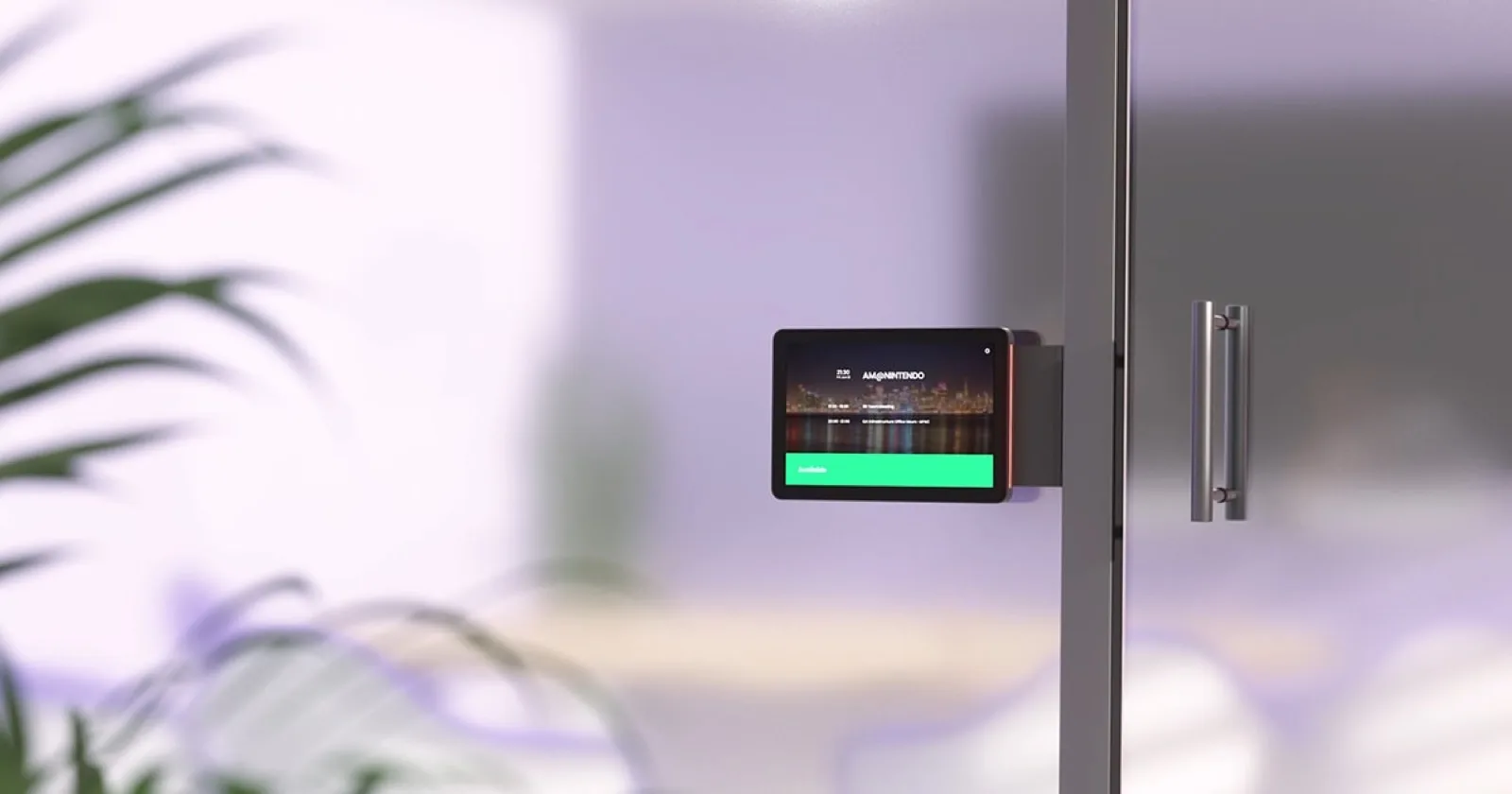 Logitech Tap Scheduler room booking display mounted outside a meeting room