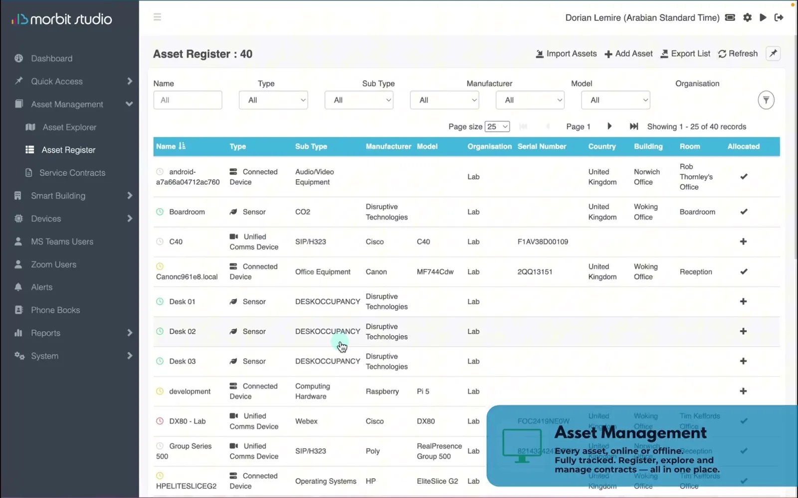 Morbit Studio asset register for meeting-room device monitoring